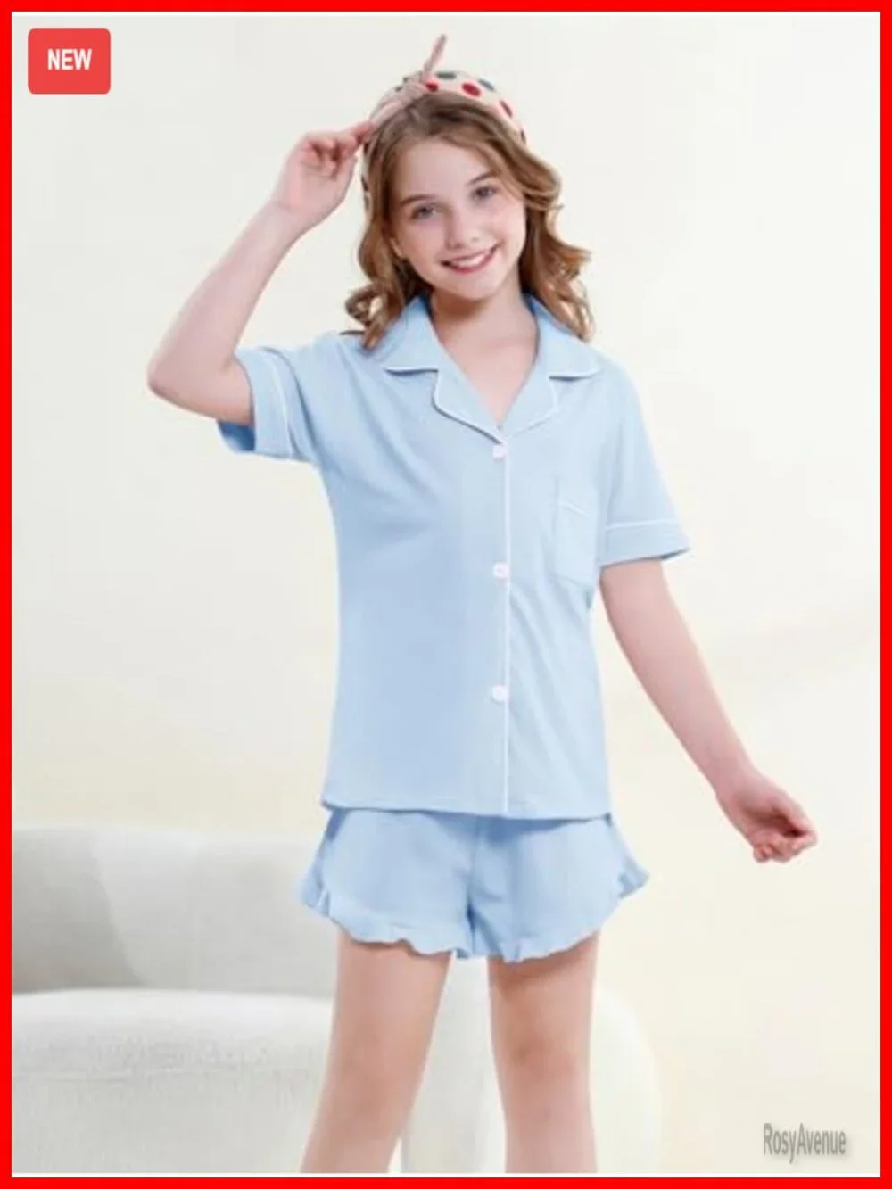 100% Cotton Button Down Pajama Set with Ruffled Shorts